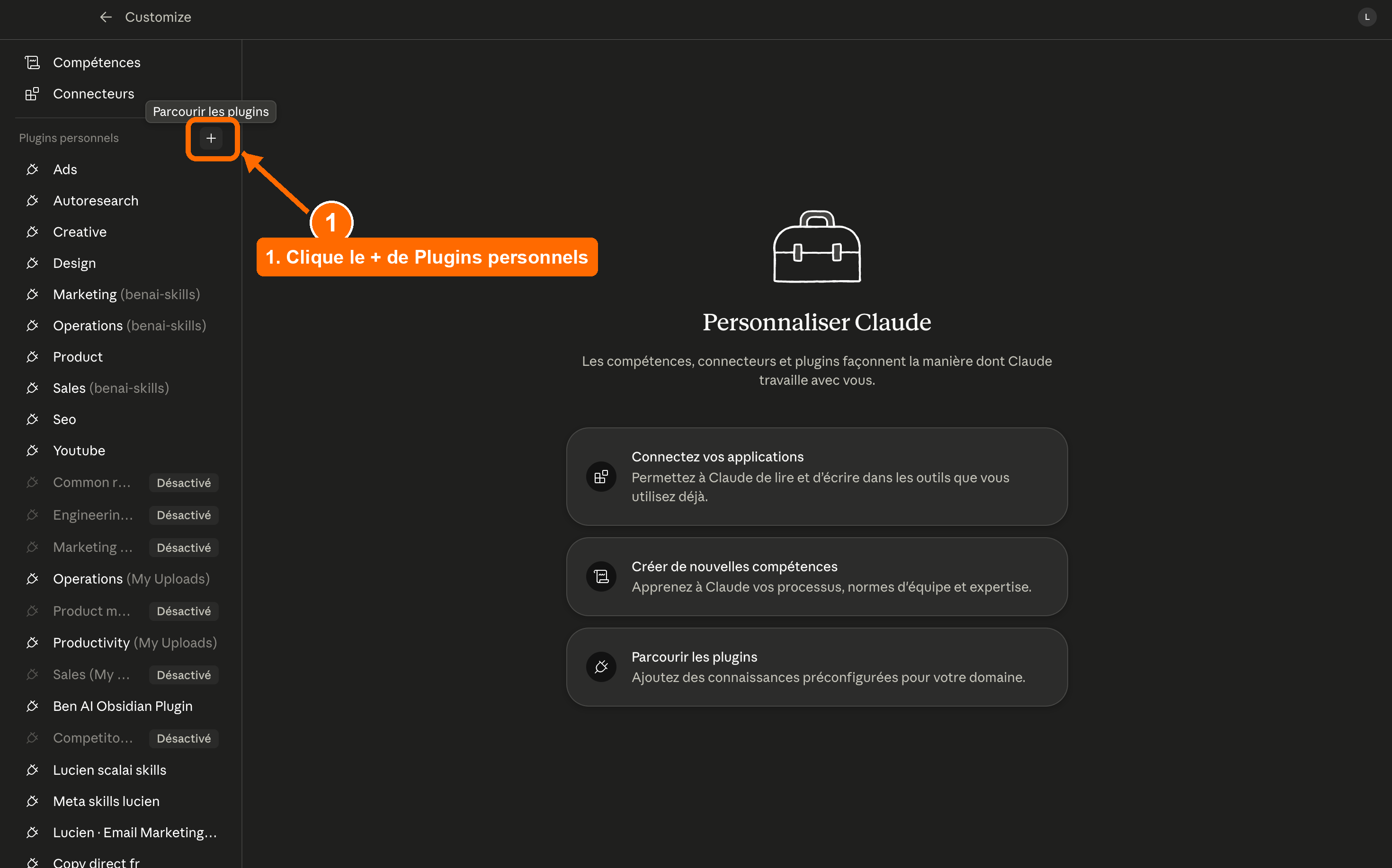 Étape 1 : cliquer le + de Plugins personnels