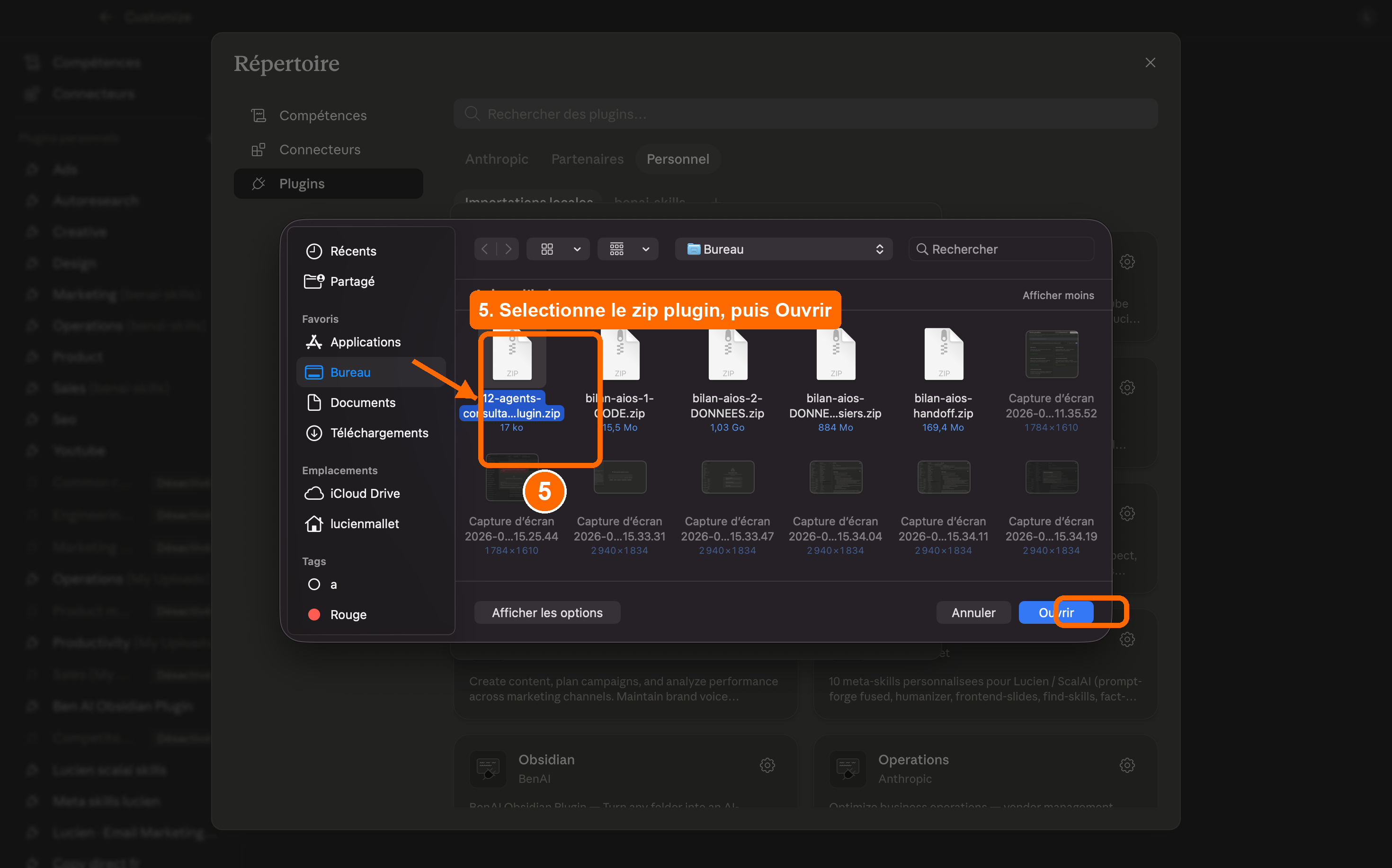 Étape 5 : sélectionner le zip du plugin et ouvrir