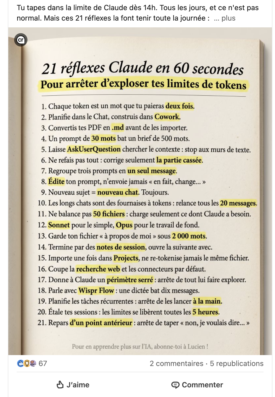 Post crédibilité LinkedIn de Lucien, 5 leads
