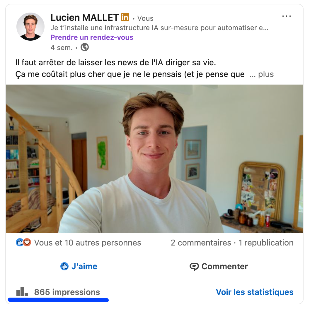 Post relation LinkedIn de Lucien, 3 leads pour 900 impressions
