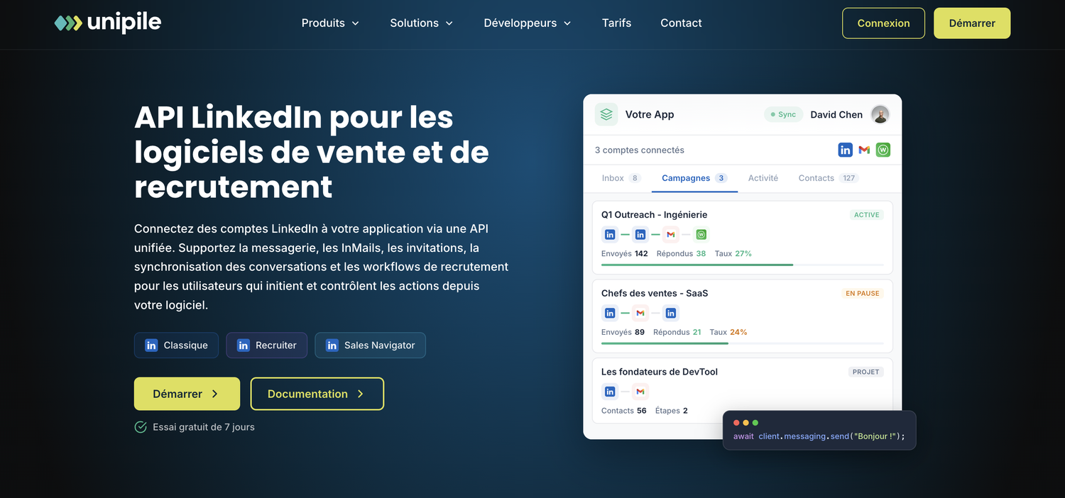 Interface Unipile, connexion du compte LinkedIn
